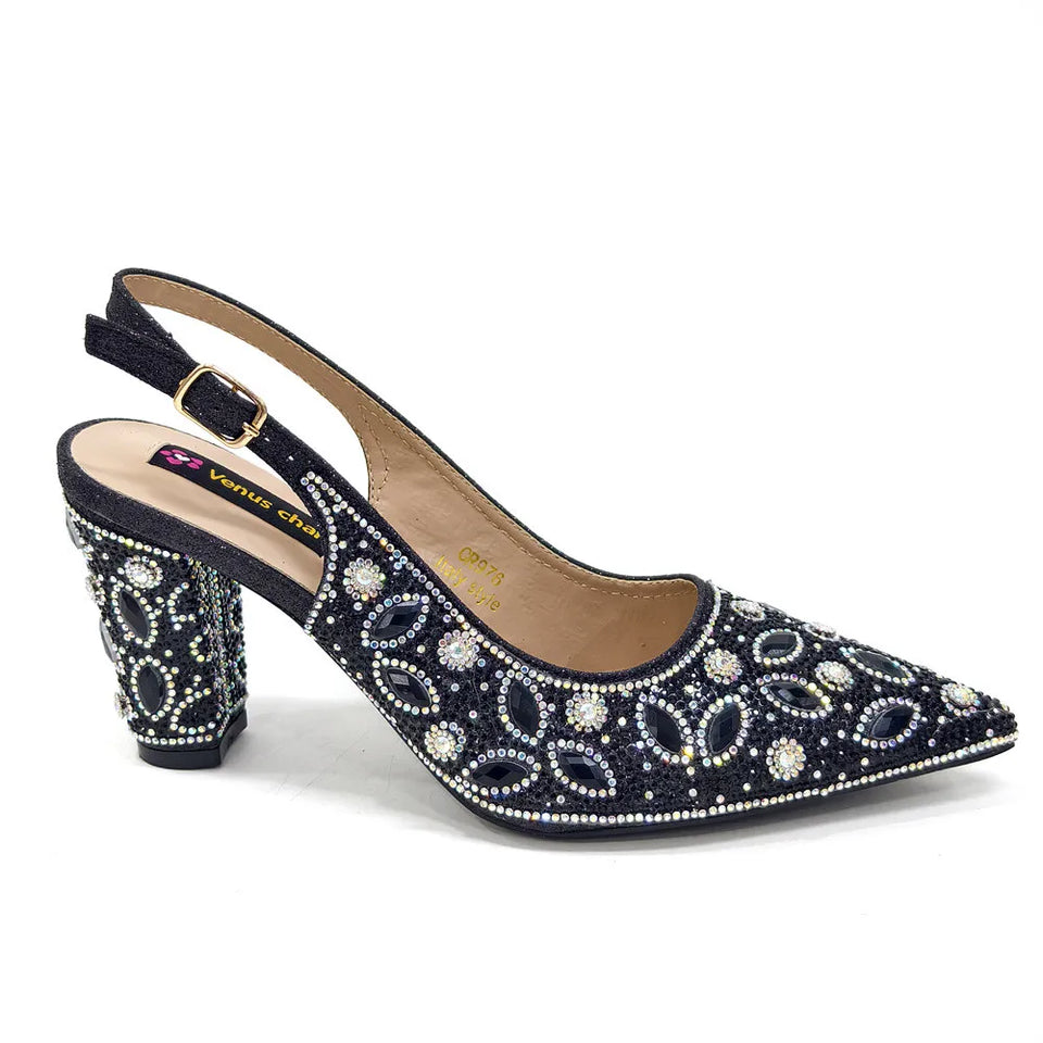 Elegant And Sexy Golden Color High Heels Shoes And Bag With Rhinestone Embellished Toe Is Comfortable Women's Shoes For Party