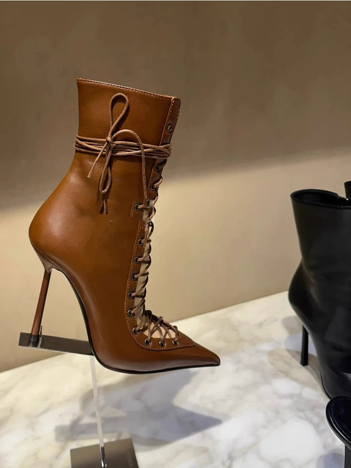 Hollow Out Cross Tie Fashion Pointed Sexy Mesh Leopard Print Perspective High-Heeled Women's Motorcycle Style Short Boots
