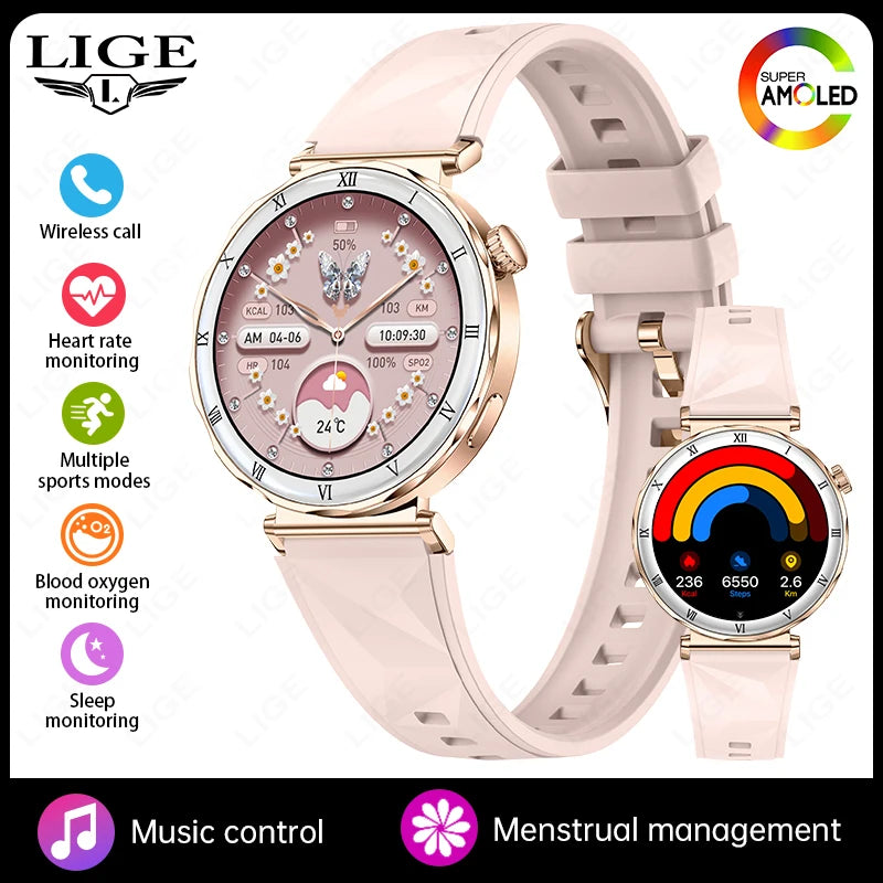 LIGE New 1.19inch AMOLED Fashion Ladies Smart Watch Bluetooth Call Sports Bracelet Women’s Health Waterproof Diamond Smartwatch