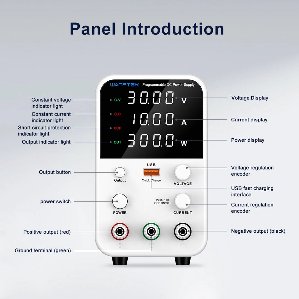 Wanptek Adjustable DC Power Supply 30V 60V 5A 10A Lab Bench Power Supply USB Interface Fast Charging Preset Voltage and Current