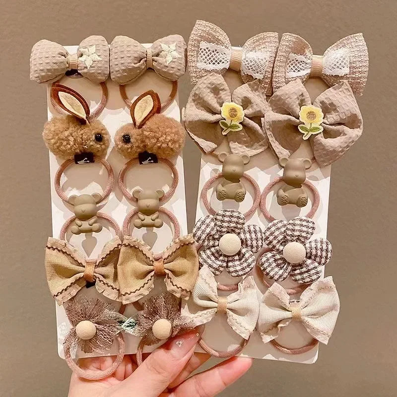 10PCS/Set Milk Coffee Girl Hair Ropes Cute Rabbit Bow Baby Princess Ponytail Rubber Bands Hair Accessory for Girl