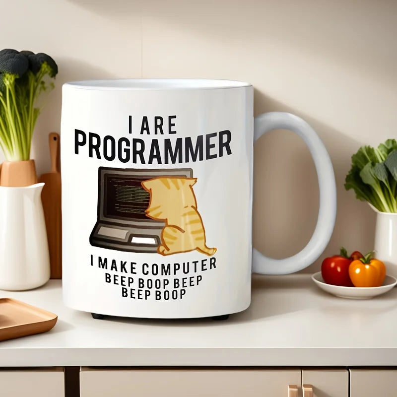 1pc Funny Programmer Cat Ceramic Mug – "I Am a Programmer" Double-Sided Design, Perfect Gift for Computer Coders, Coffee & Tea C