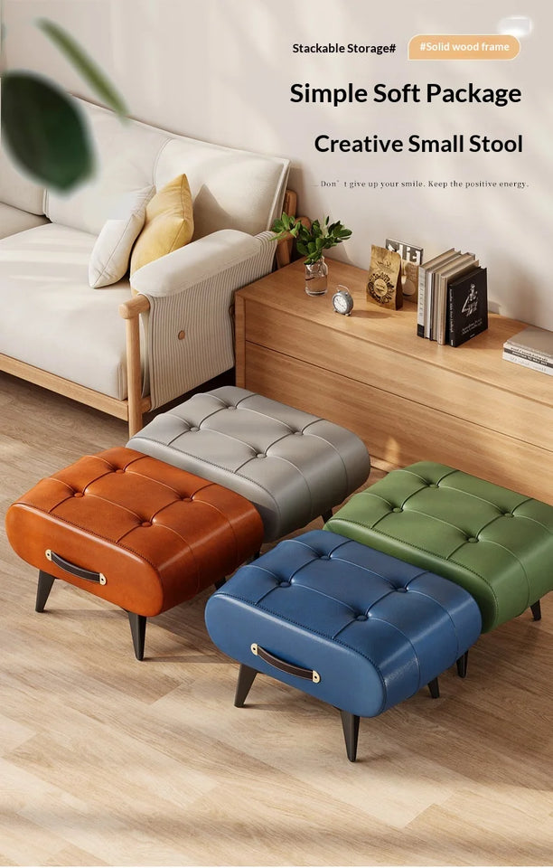 Furniture Small Upholstered Shoe Bench Oil Wax Leather Padded Entryway Shoe Changing Stool Modern Minimalist Living Room Ottoman
