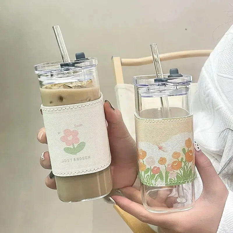 1Pcs Square Heat Resistant Coffee Glass Cup  With Lid and Straw Transparent Milk Tea Juice Cups For Home Bar Drinkware