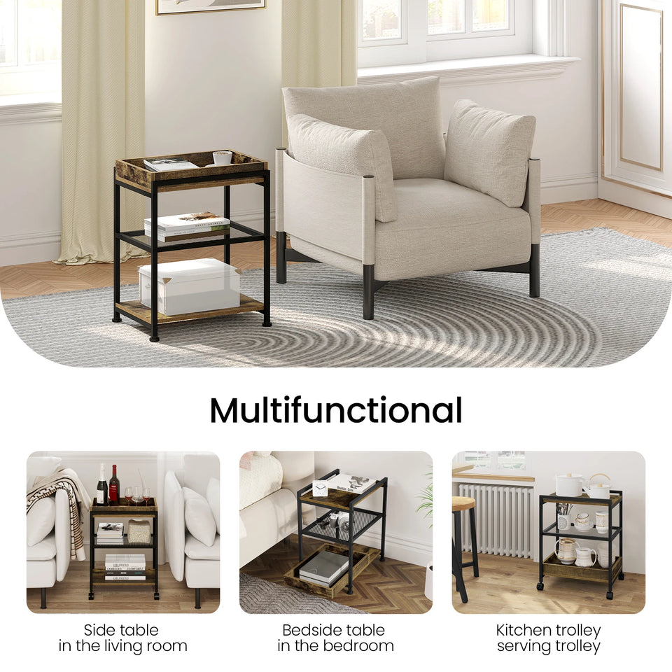 WOLTU 1PC Side Table 3-Tier Coffee Table Rolling Storage Cart with Removable Top Small End Table for Sofa Living Room Storage