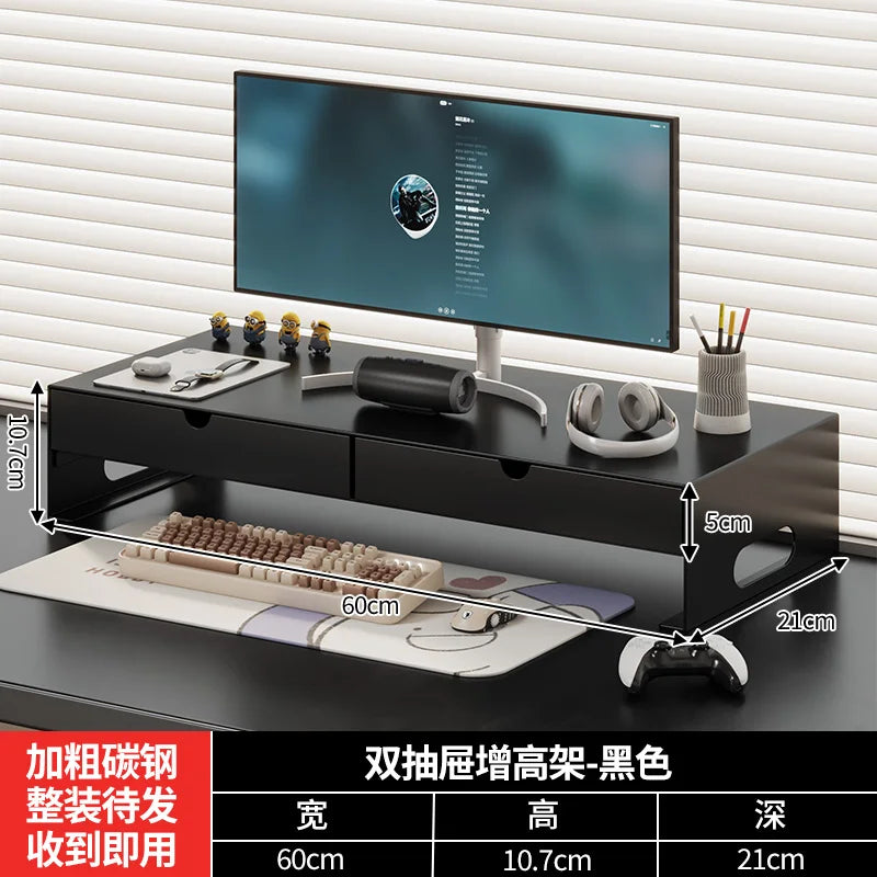 Carbon Steel Monitor Stand with Drawer Desktop Riser Shelf for Computer Office Desk Organizer Ergonomic Workspace Solution