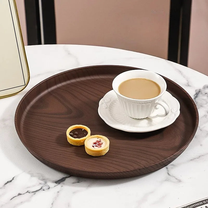 Walnut Wood-Grain Round Serving Tray-Multi-Purpose Plate for Coffee, Bread, Pastries & Tea Set Storage, Ideal for Tea Ceremonies