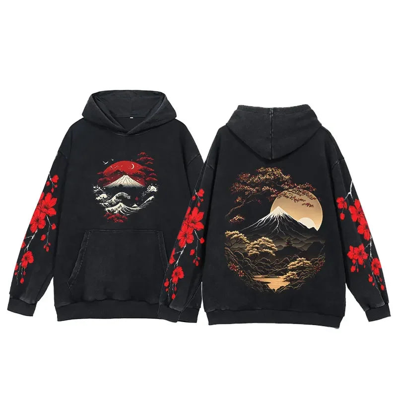Y2K Anime Hoodies Men Ukiyoe Oversized Loose Vintage Acid Wash Hooded Sweatshirt Women Goth Harajuku Cotton Long Sleeve Pullover