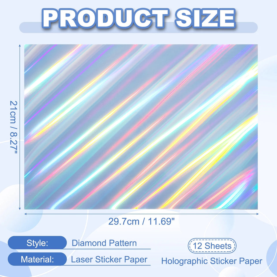 12Sheets Printable Holographic Sticker Paper Vinyl Sticker Paper A4 Waterproof Quickly Stickers for Laser Printer Inkjet Printer