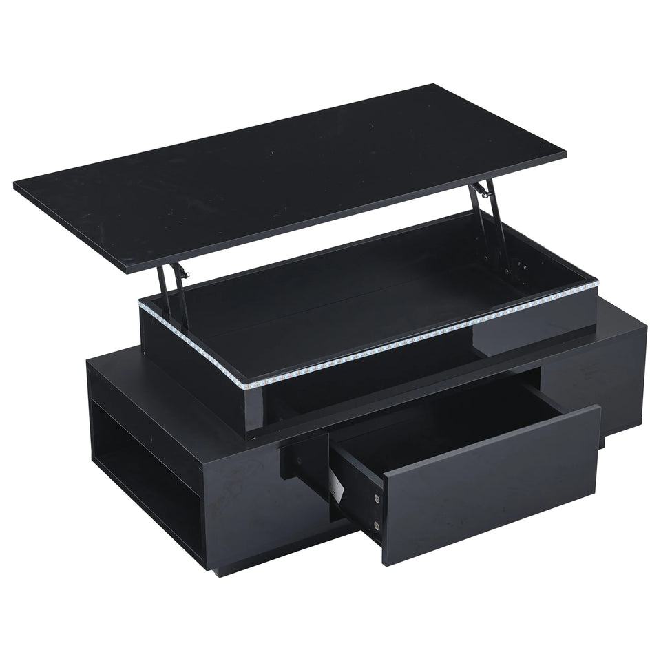 KOMHTOM Black height adjustable coffee table high gloss coffee table with hidden storage, drawer and LED lighting