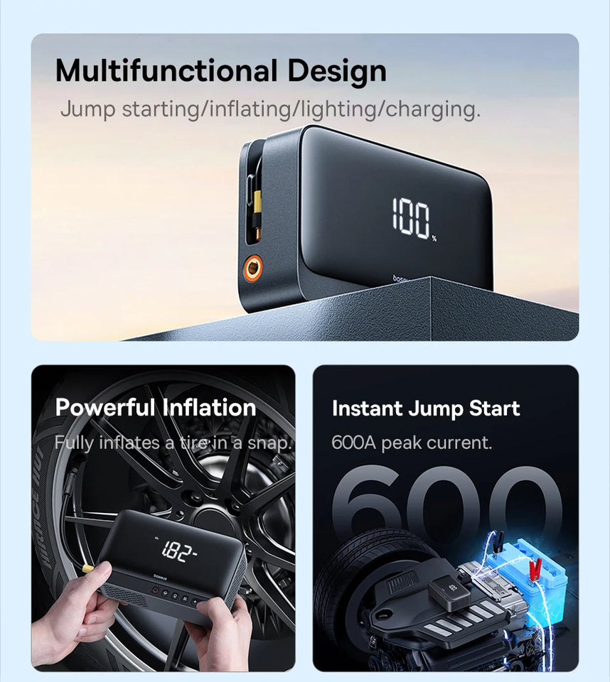 Baseus 4 In 1 Car Jump Starter with LED Lighting 600A Portable Car Battery Charger Power Bank Tire Inflator Pump Air Compressor