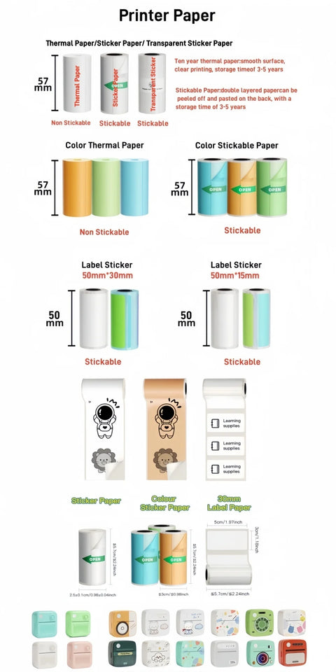 New 10 Roll Sticker Paper for Mini Printer Label Sticker Paper Color Thermal Paper Width for Label Maker Printers Photo Printing