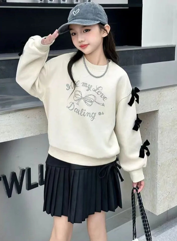 Girls' 2025 New Spring/Autumn Long Sleeve Bowknot Loose Fit Stylish Korean Style Mid-Big Kids Sweatshirt
