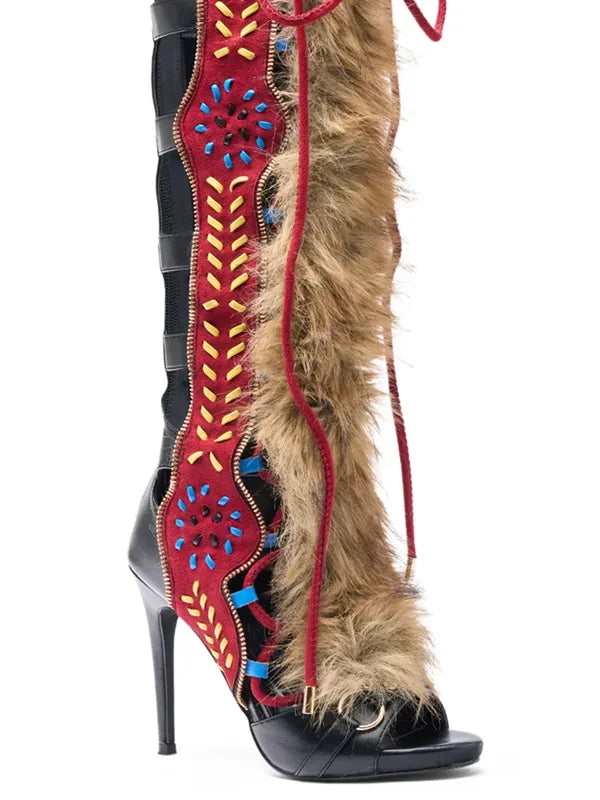 Fur Peep Toe Cross Tied Platform Sandal Boots Sexy Round Toe Thin Heel Zippeer New Arrivals Fashion Women Modern Boors