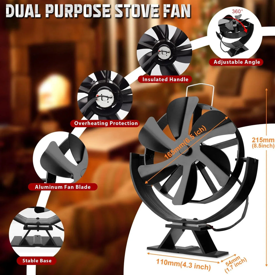 6 Blades Heat Powered Stove Fan Eco Quiet Black Log Wood Burner Fireplace Eco-Fan Winter Home Warm Efficient Heat Distribution