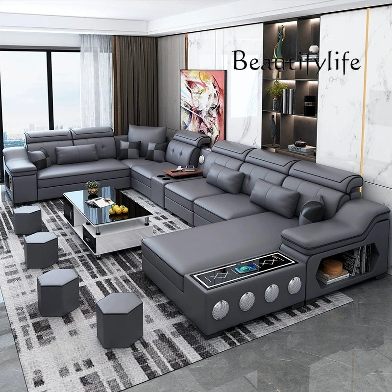MANBAS Modern Scientific Cloth Sectional Sofa Set with Chaise Lounge, Bluetooth Speakers, and USB Charging Ports for Living Room