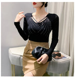 Autumn New Women Mesh Tops Fashion Hollow Out V-Neck Long-Sleeved T-Shirt Classic Shiny Diamonds Bottoming Shirt Elasticity Tees