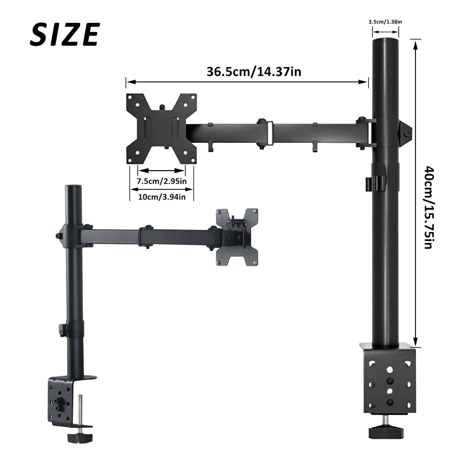 Adjustable Single Monitor Arm – Universal Mount for 12-32" Screens, Height/Angle Adjustable, Sturdy Steel, Ideal for Home Office