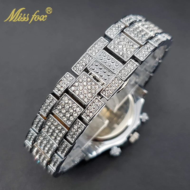 MISSFOX Men Watches 2021 Luxury Large Case With Baguette Full Diamond Quartz Wristwatch Chronograph Calendar Watch Droshipping