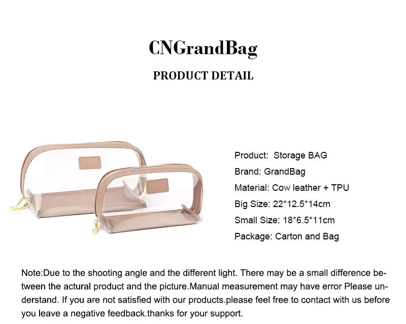 Custom Genuine Leather Travel Cosmetic Bag Set Waterproof Makeup Brush Storage Bag Portable Transparent PVC TPU Cosmetic Bag