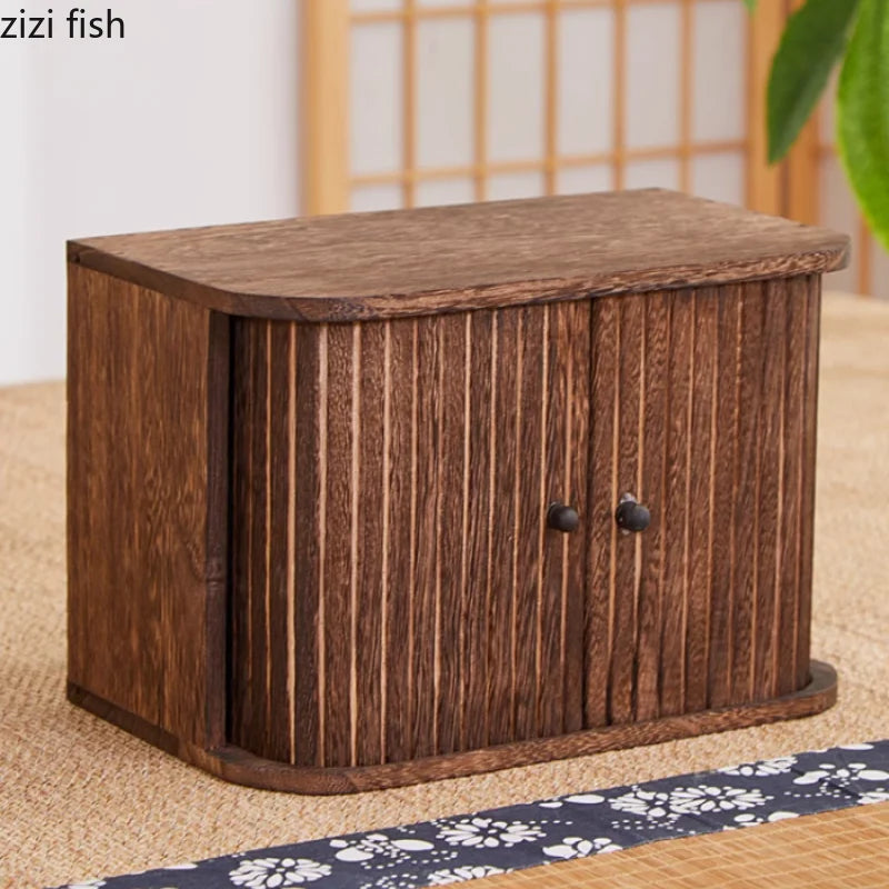 Solid Wood Storage Box Dustproof Display Rack Rolling Shutter Door Tea Cup Storage Rack Cabinet Organizer Desktop Shelf