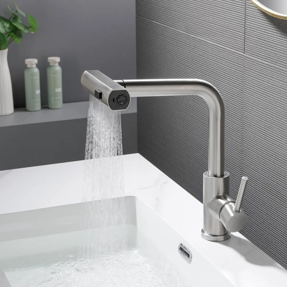 360° rotating, 3-mode waterfall pull-out kitchen faucet, suitable for kitchen sinks, made of stainless steel.