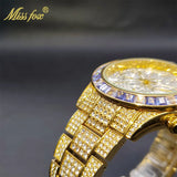 MISSFOX Men Watches 2021 Luxury Large Case With Baguette Full Diamond Quartz Wristwatch Chronograph Calendar Watch Droshipping