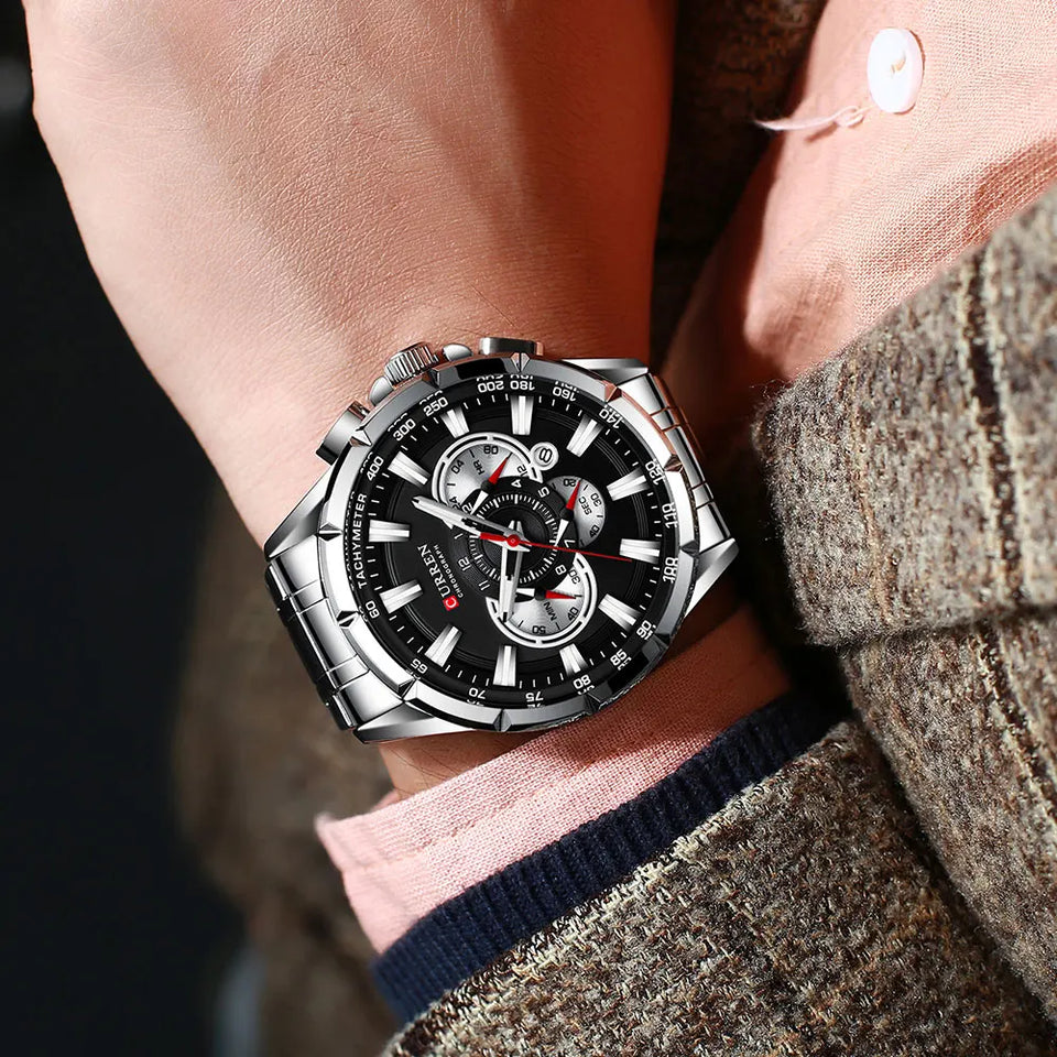 CURREN 8363 Casual Sport Chronograph Men's Watches Stainless Steel Band Wristwatch Big Dial Quartz Clock with Luminous Pointers