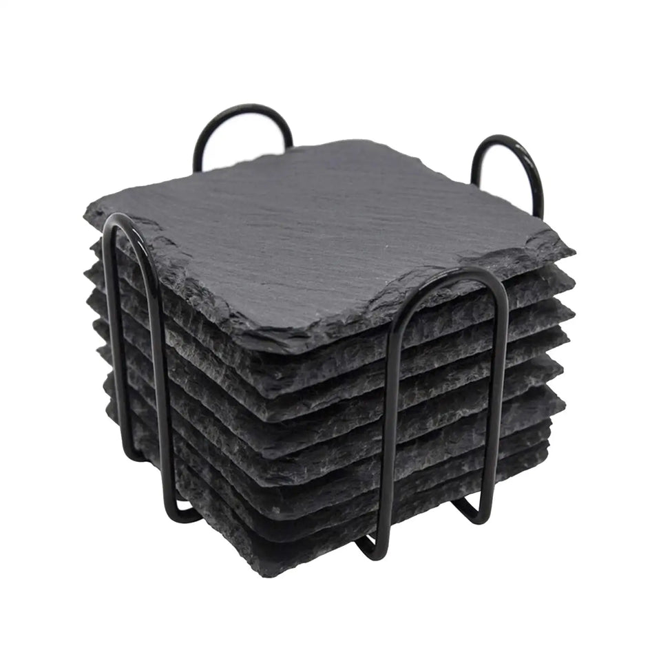 8x Slate Stone Drink Coasters Rustic Tabletop Protection with Holder Cup Coaster for Coffee Table Apartment Home Hotel Bar