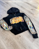 Men and women loose casual simple zipper jacket American retro splicing hot diamond print cartoon design hooded sweatshirt