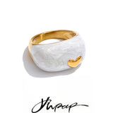 Yhpup Size 6789 New Arrivals White Enamel Heart Casting Ring Waterproof 18K Gold Color PVD Plated Stylish Chic Jewelry