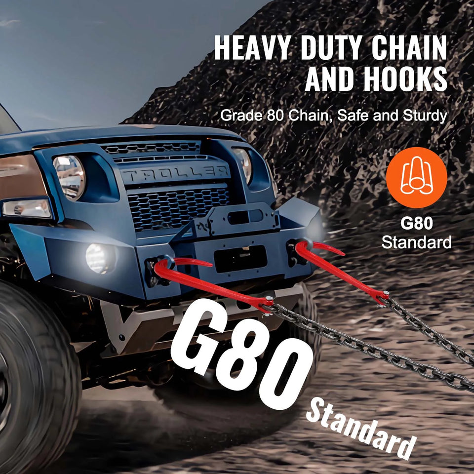 SucceBuy G80 V Bridle Chain Towing Chain Bridle with 15" J Hooks & Grab Hooks Transport Tow Chains for Flatbed Trailer Wrecker