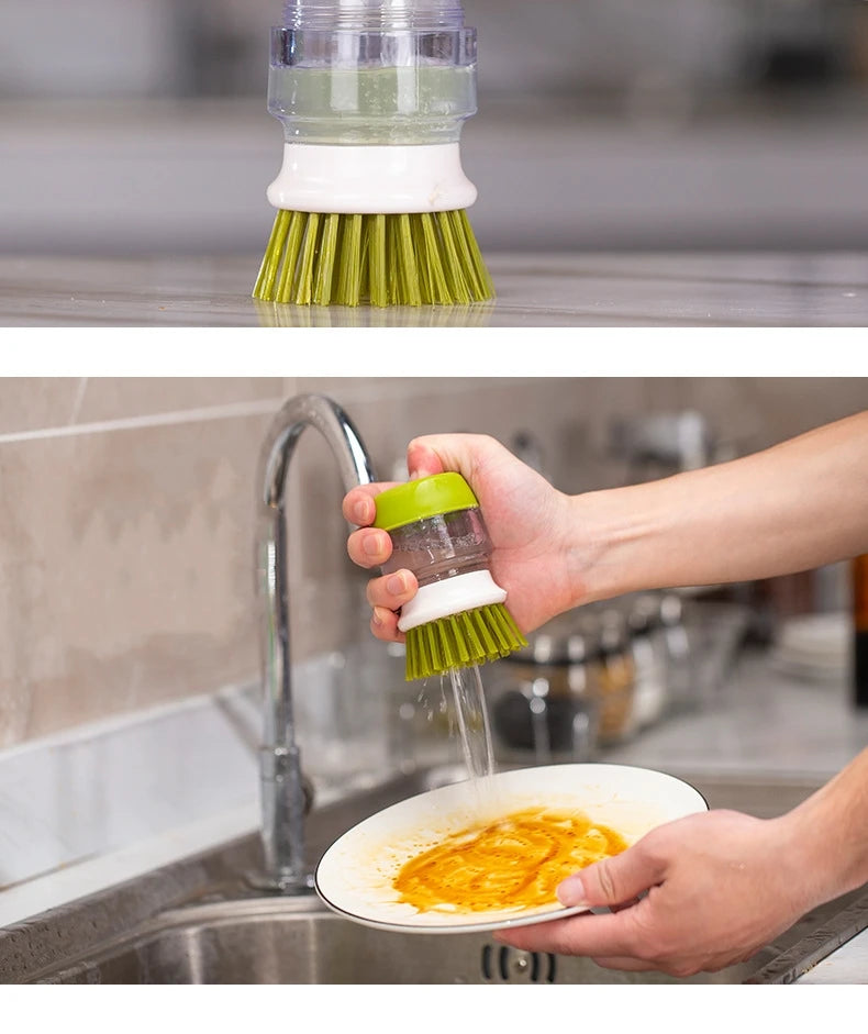 Multi-Use Kitchen Dish Brush, Soap Dispensing Palm Brush with Tray, Universal Scrub Brush for Household Cleaning