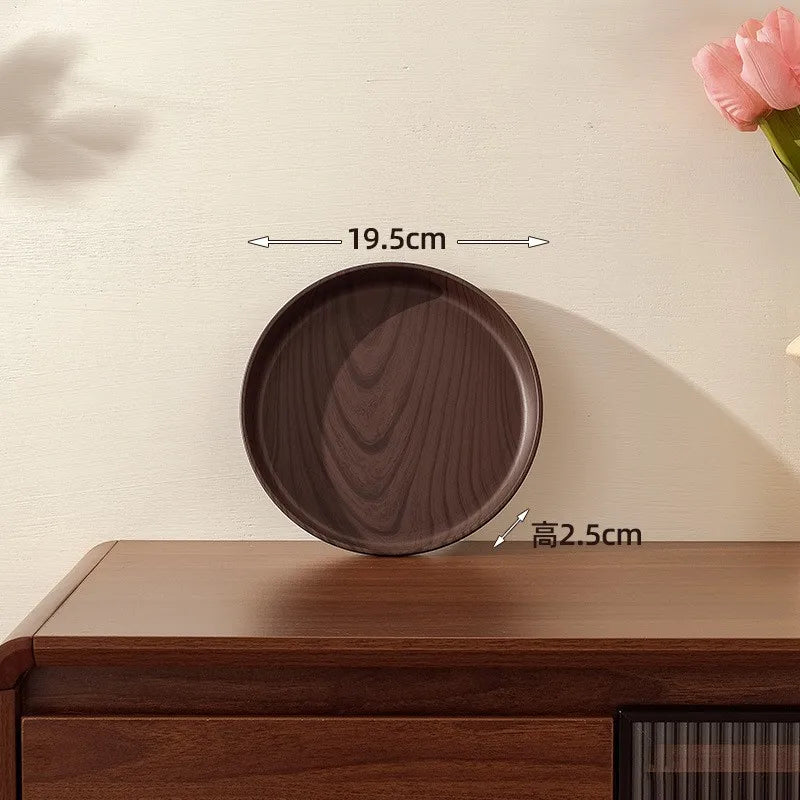 Walnut Wood-Grain Round Serving Tray-Multi-Purpose Plate for Coffee, Bread, Pastries & Tea Set Storage, Ideal for Tea Ceremonies