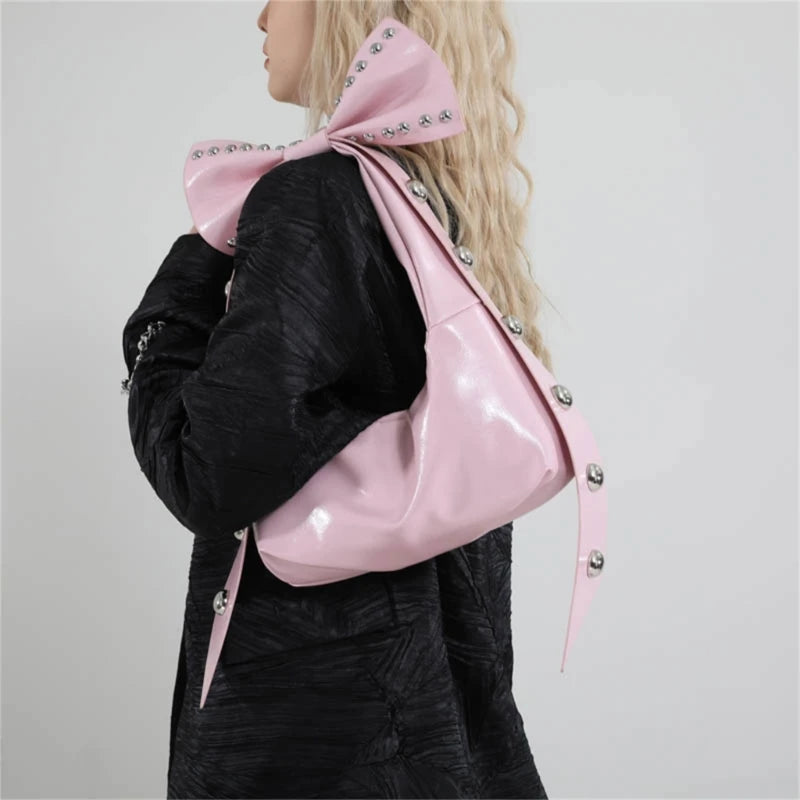 Trendy Handbag for Women with Unique Bows and Rivet Embellishments Stylish PU Leather Women's Shoulder Bag