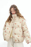 ELFSACK 2025 Winter New Arrivals Y2K Sweet Cute Solid Rose Bow Graphic Hoodless Half High Stand Collar Short Down Jacket For Wom