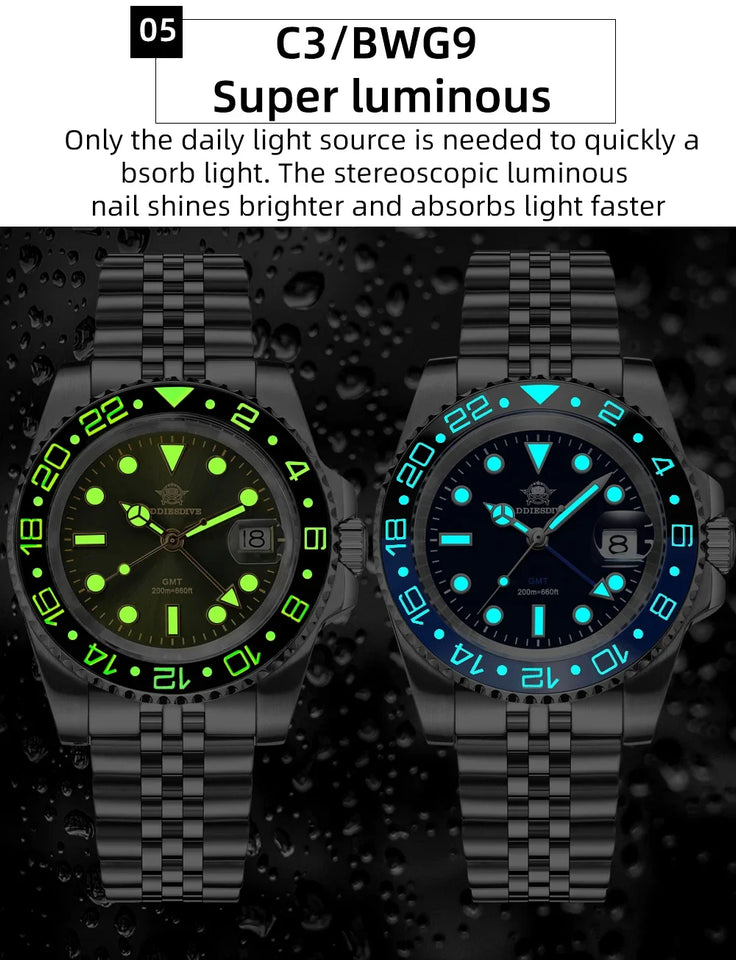 ADDIESDIVE Fashion GMT Watch for Men Super Luminous AD2050 Wristwatches Luxury Luminous 20Bar Diving Stainless Steel Man Watches