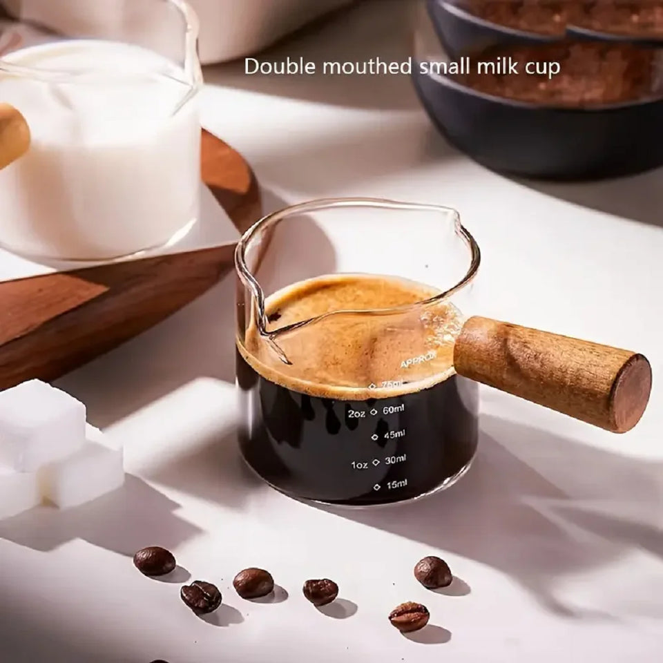 Small Measuring Cup With Scales, Wooden Handle Cup for Expresso Coffee, Milk & Sauce, Kitcken Utensil for Home & Cafe