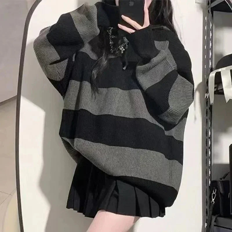 Striped Contrasting Sweater Women's Long Sleeve Knitted Sweatshirt Korean Fashion Streetwear Pullover Autumn New Casual Jumper