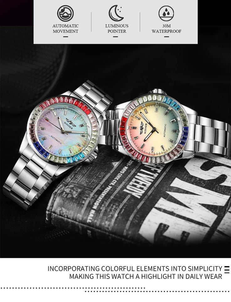 2024WINNER Original Colored Diamonds Mechanical Waterproof Men's Watch Automatic Movement Stainless Steel Luxury Watches