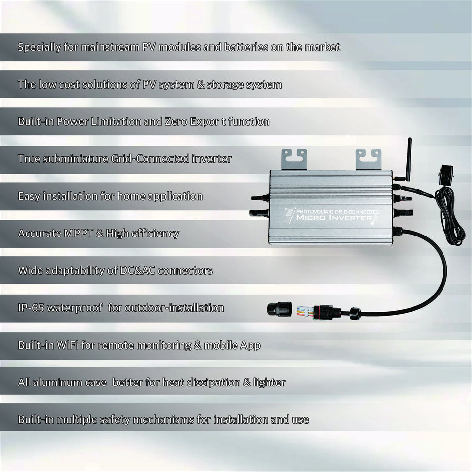1200W/1000W/750W GS Hybrid Micro Inverter for Solar Pane & 36V/48V Battery Grid-Tie with Zero Export 180-265V AC | WiFi, IP65