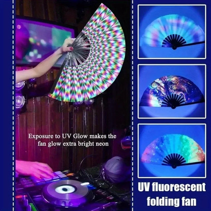 Folding Fan Bright Color Rainbow Starry Sky Color Glow In The Dark Festival Performance Party Supplies Hand Fan Xmas Dance Fan
