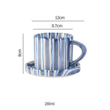 280ml/9.5oz afternoon tea coffee cup, Minimalist striped hand drawn cup and plate set, ceramic milk coffee cup, household drinki