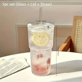 400/600ML Stripe Glass Coffee Cup With Lid and Without Cover Straw Transparent Drinking Glasses for Juice Iced Coffee Mugs