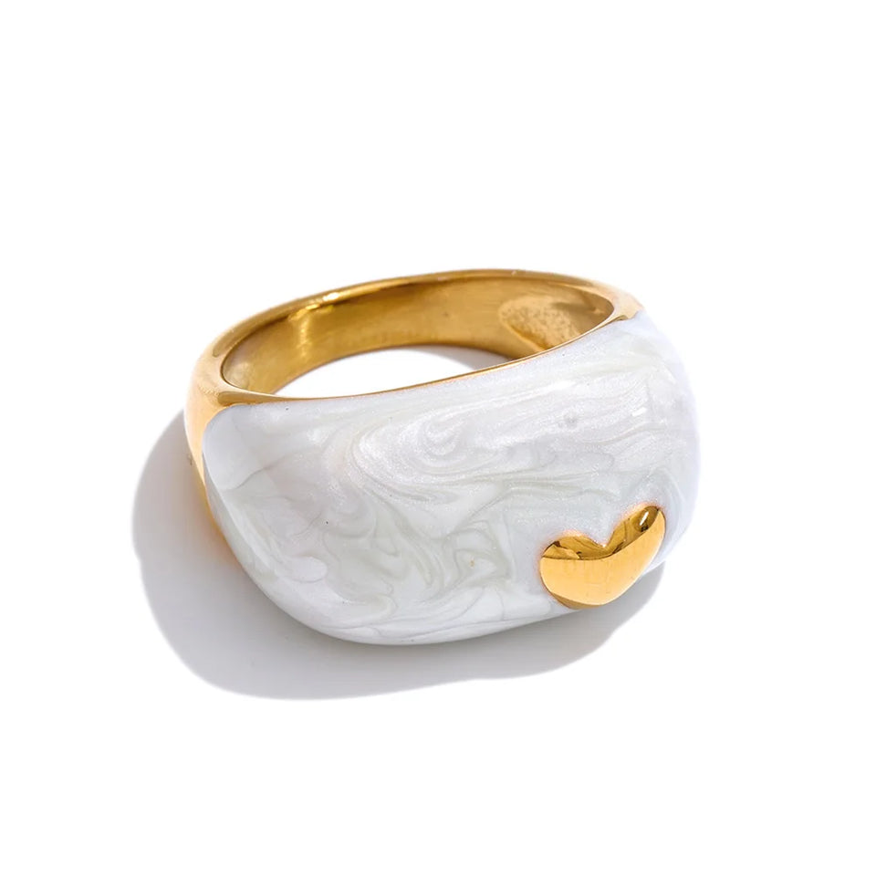 Yhpup Size 6789 New Arrivals White Enamel Heart Casting Ring Waterproof 18K Gold Color PVD Plated Stylish Chic Jewelry