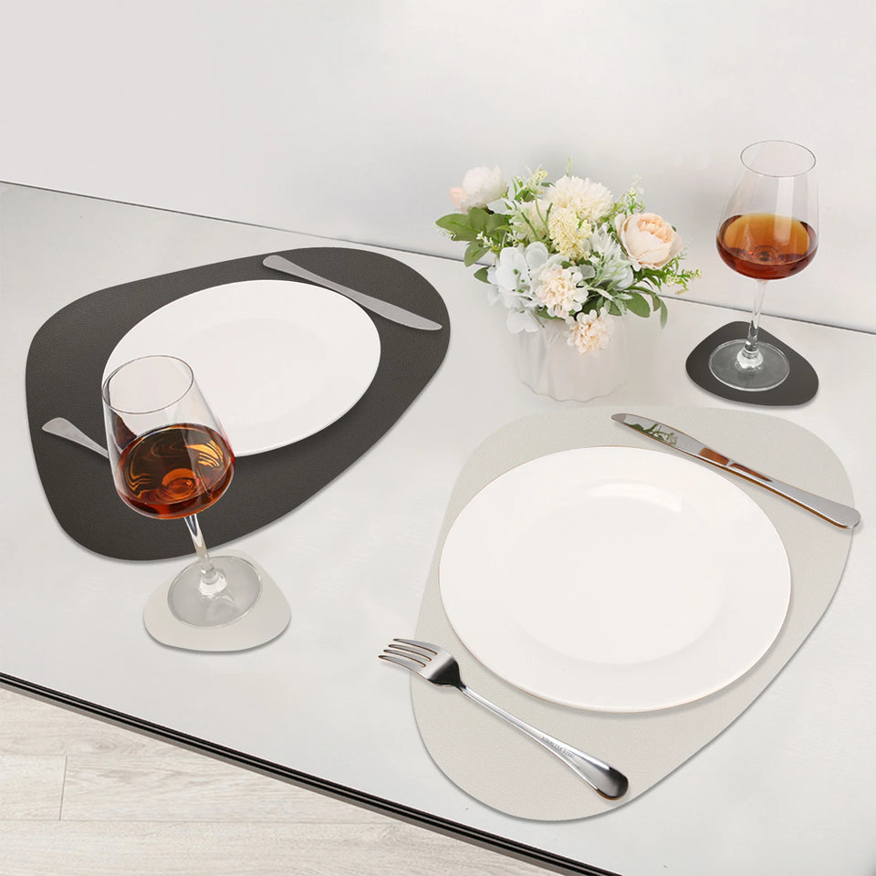 Double Sided Anti Slip PU Pad Table Mat with Coaster Oil-Proof Waterproof Leather Placemat Kitchen Dinner Coffee Tables Mats