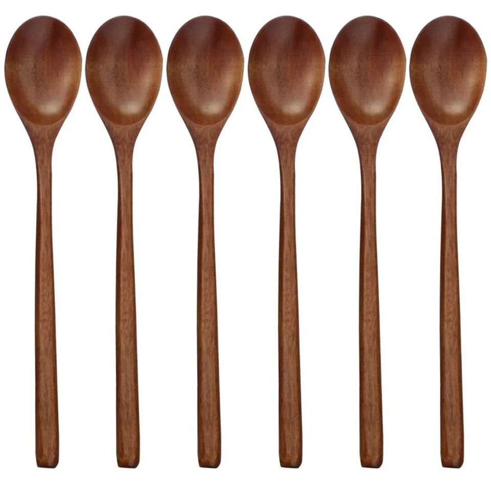 6 Piece Wooden Spoon Bamboo Kitchen Korean Style 9 '' Inch Natural Wood Soup Tableware Cooking Honey Coffee Spoon Mixing Spoon