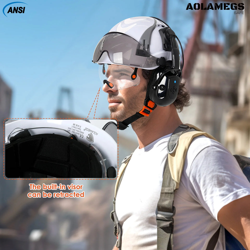 CE Safety Cap w/ 5.0 Bluetooth Earmuffs Reflective Stickers Double Goggles Construction Engineer Helmets ABS Industrial Hard Hat