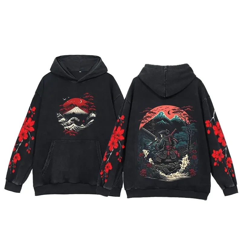 Y2K Anime Hoodies Men Ukiyoe Oversized Loose Vintage Acid Wash Hooded Sweatshirt Women Goth Harajuku Cotton Long Sleeve Pullover