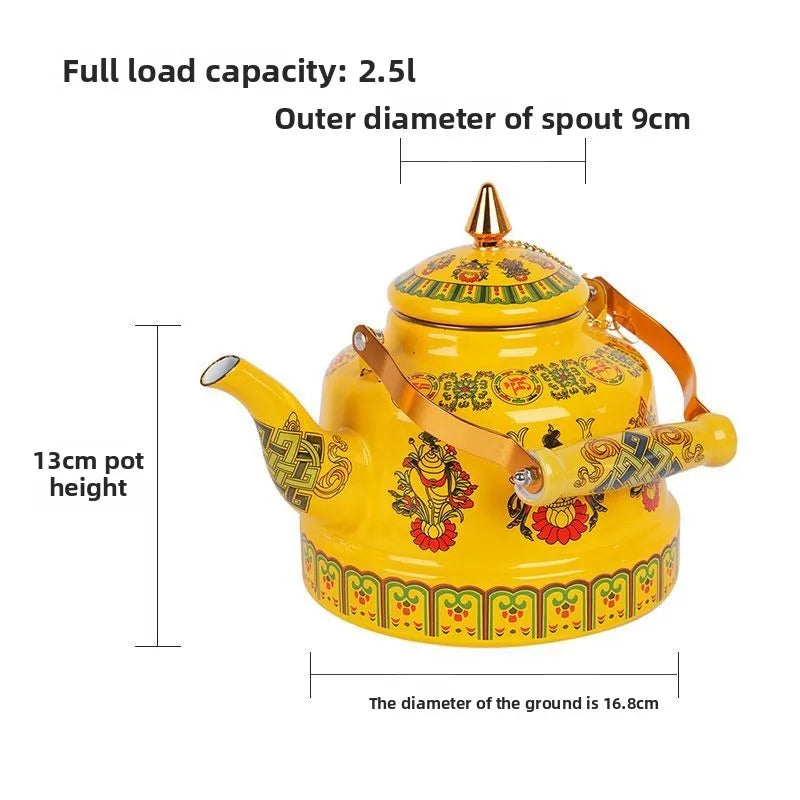 1.7L Tibetan Style Porcelain Enameled Teapot Chinese Ethnic Characteristic Milk Tea Infuser Enamel Boiling Water Kettle